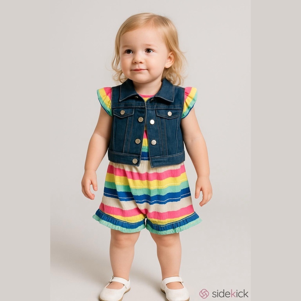 DELIAS Baby Girls Striped Romper Sleeveless Denim Vest Set Multicolor 2T NWT